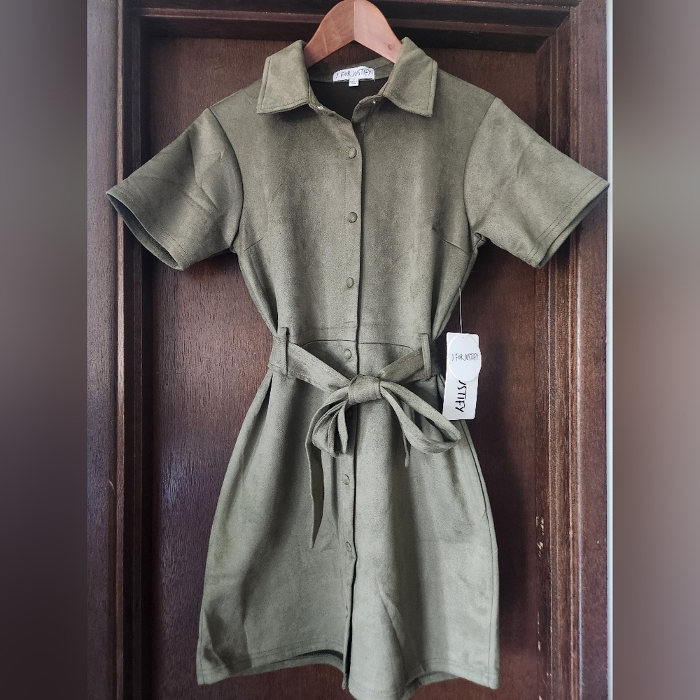 J For Justify Faux Suede Shortsleeve Button Front Belted Dress NWT